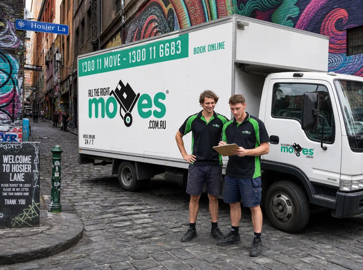 All The Right Moves removalists beside a moving truck in Melbourne